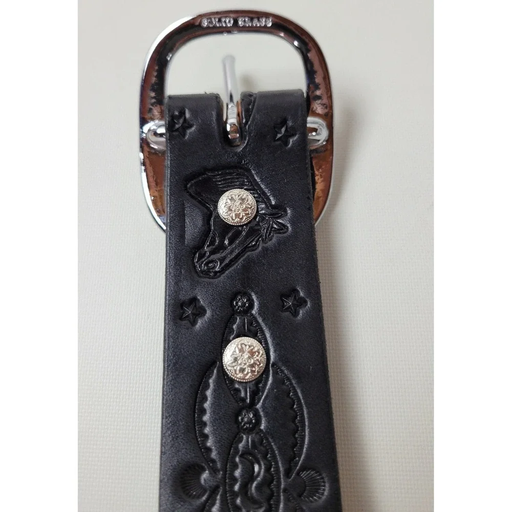 Dennis Knight Black Tooled Leather Horse‎ Head Belt Solid Brass Buckle USA Made